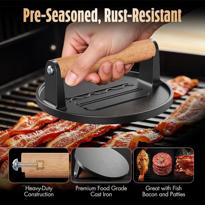 Pisol Smash Burger Press, Pre-Seasoned Cast Iron Hamburger Smasher, 2 lb Heavy-Duty Grill Bacon Meat Press Tool with Wood Handle, 6.6” - Image 2